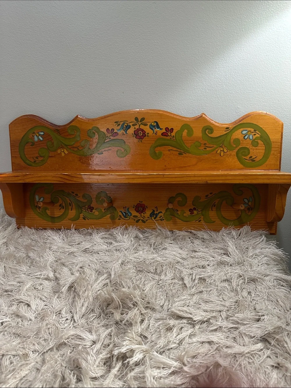 Vintage Handcrafted Wooden Folk Art Painted Shelf With Pegs Cottagecore Country